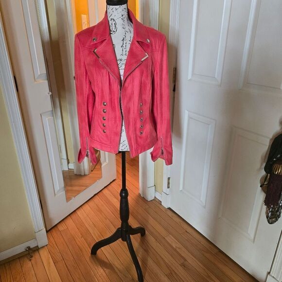Lena Gabrielle Distressed FAUX Leather Jacket in Red - Picture 5 of 6